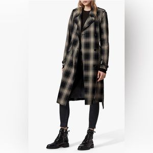 All Saints Plaid Trench Coat in Black and Cream